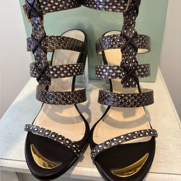 🤩 Modern VTG Maiyet of Italy Elaphe Multi Strap Black & Gold Strappy Sandal 38.5 - Picture 5 of 12